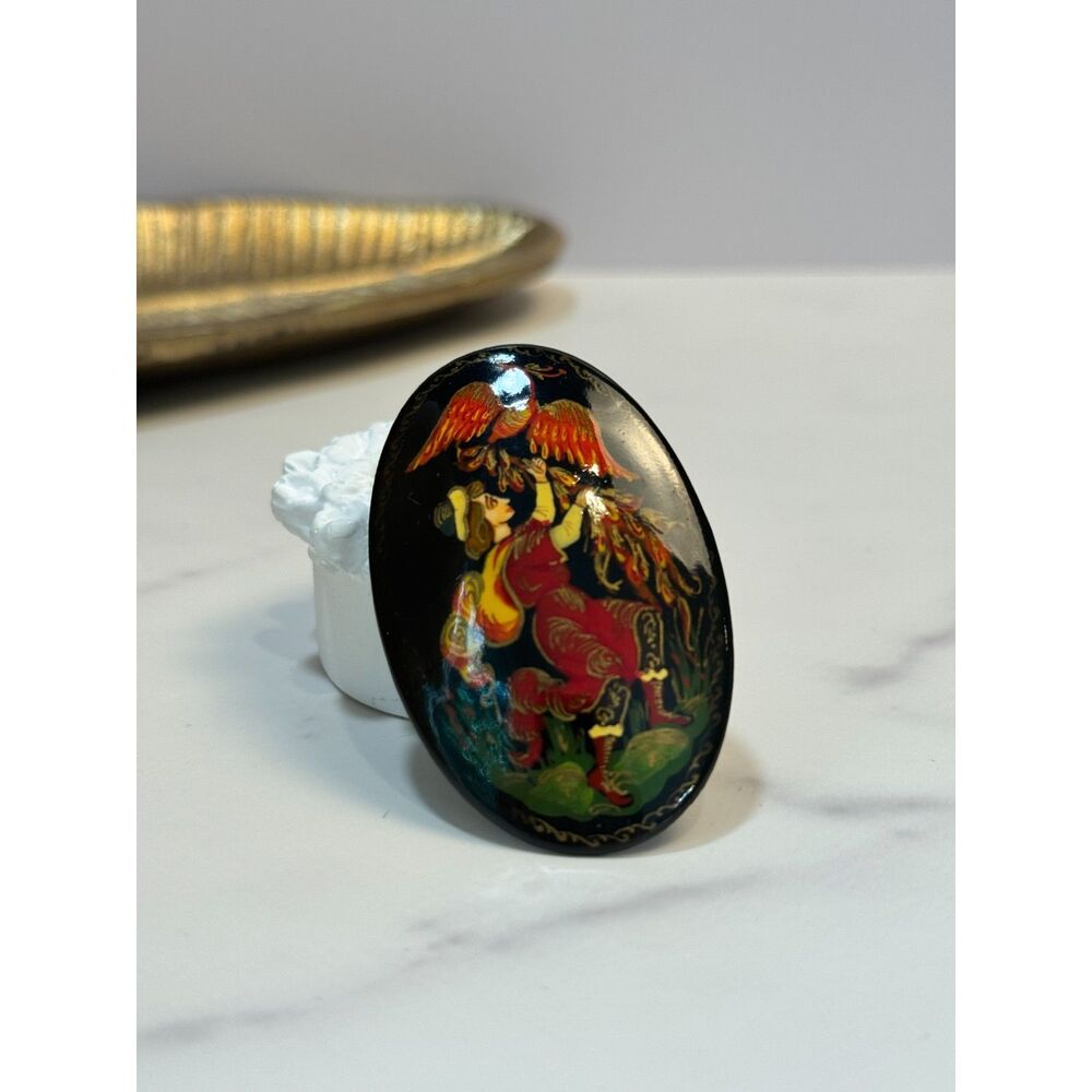 Rare Find. Vintage Handpainted Russian Black Lacquer "Firebird" Brooch